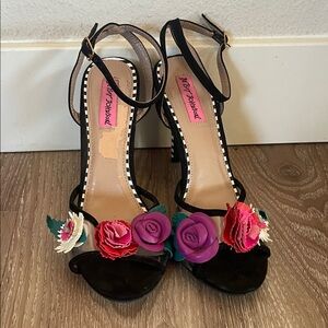 Betsey Johnson Black Heels with Colorful Floral Accents